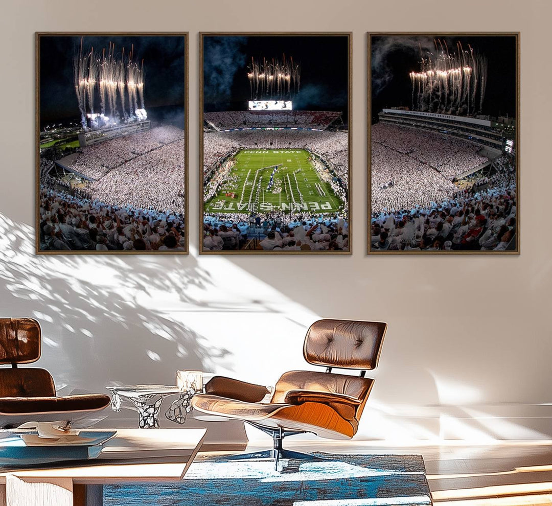 The perfect Penn State Football canvas wall art features a depiction of Beaver Stadium filled with fans in white, with fireworks exploding above.