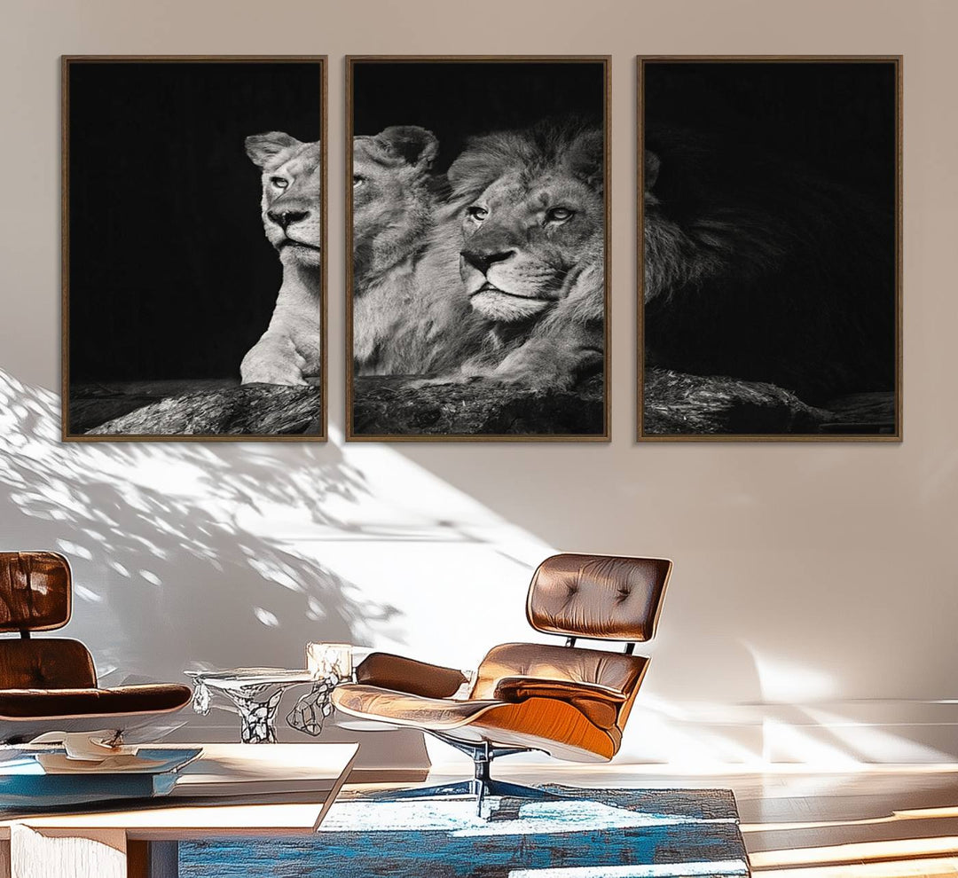 The Lion Couple Canvas Wall Art Print hangs prominently.