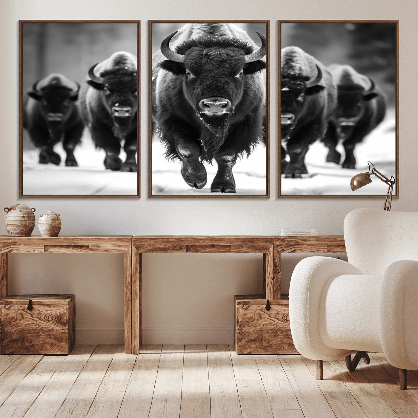 MGV-FC-60X30-3P - American Bison Art | Buffalo Herd Wall Art Canvas Print, BW American Bison Herd Wall Art Canvas