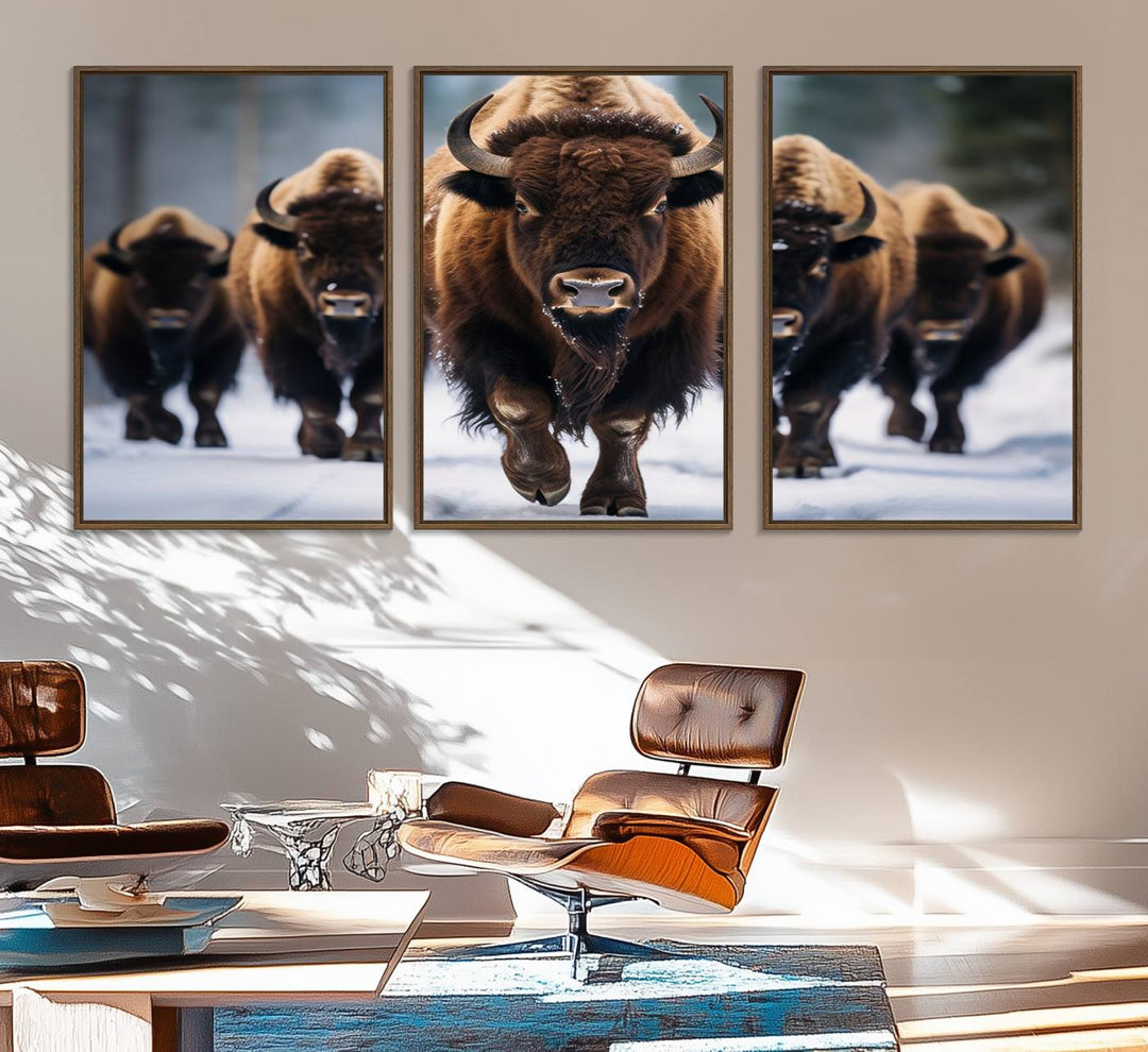 The dining room features an American Bison Herd Canvas Print against the snow.