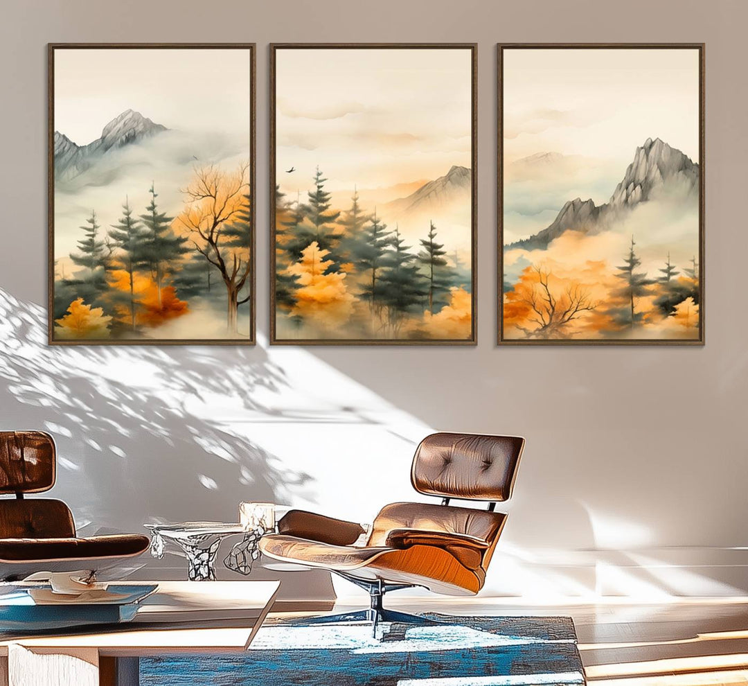 A wall art of Abstract Watercolor Mountains and Trees Autumn on museum-quality canvas.