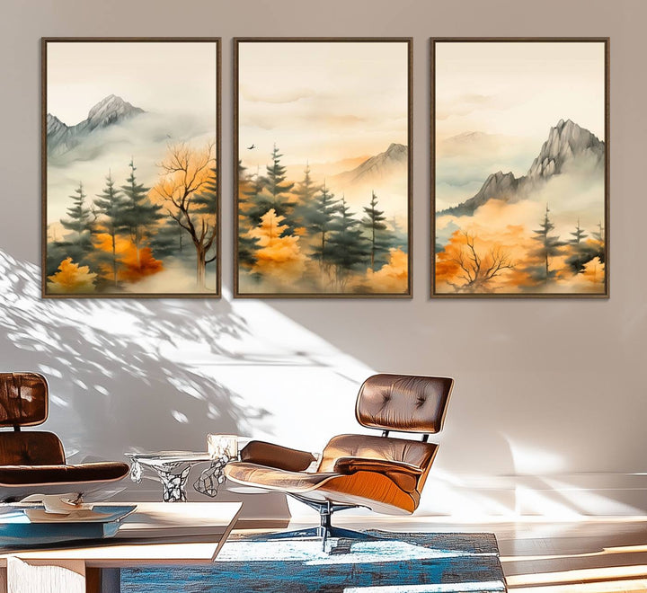 A wall art of Abstract Watercolor Mountains and Trees Autumn on museum-quality canvas.