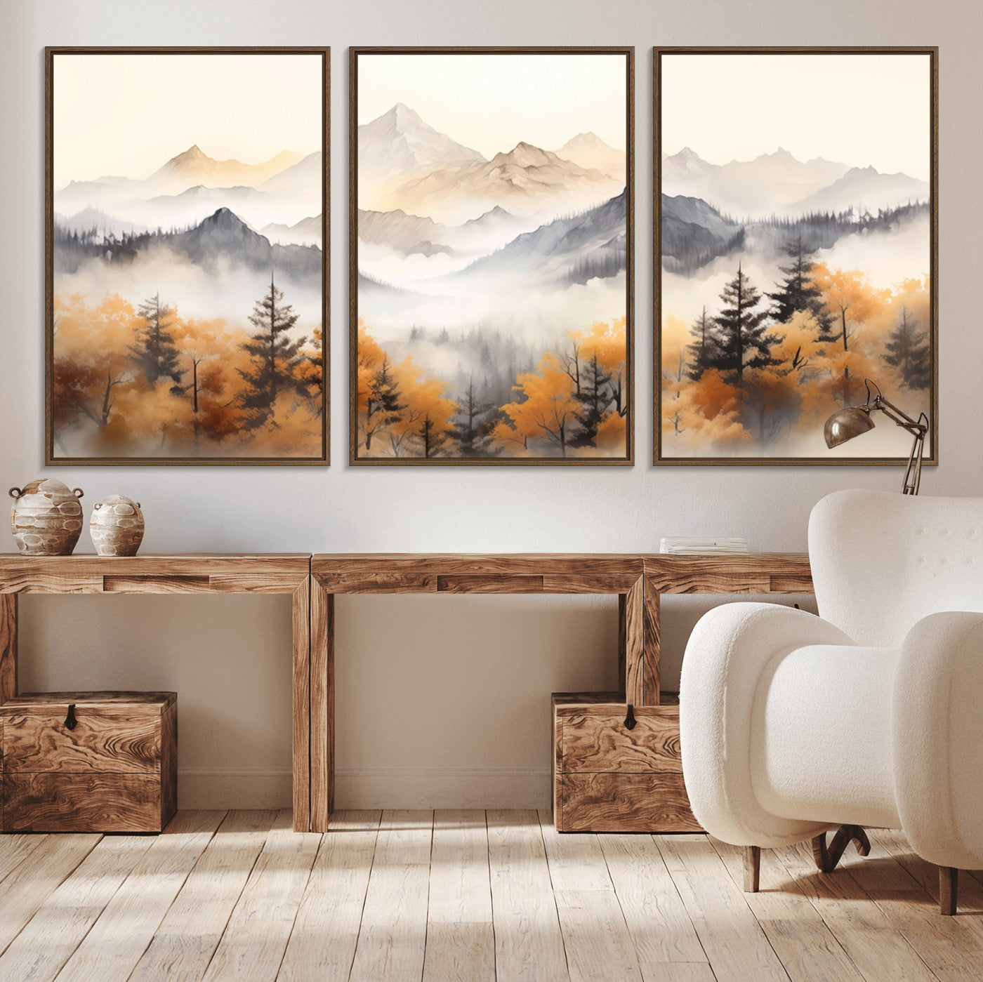 MGV-FC-60X30-3P - Mountain and Forest Landscape Wall Art | Misty Autumn Forest and Mountains Canvas Print for Living Room, Bedroom, Office | Large Wall Art Decor