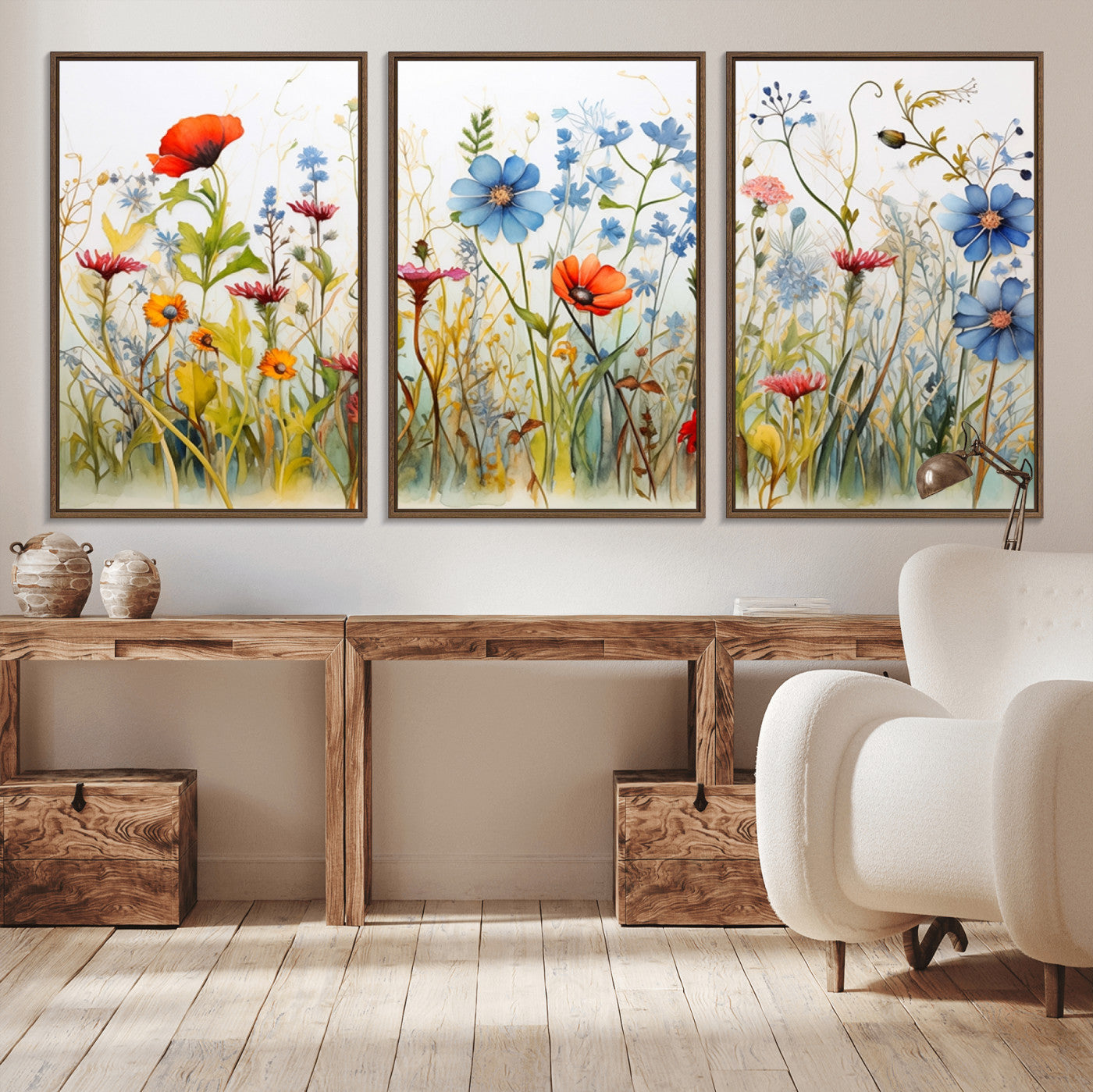 MGV-FC-60X30-3P - Colorful Wildflower Canvas Wall Art - Vibrant Floral Botanical Print, Bright Nature Decor for Living Room, Large 3 Panel Set, Ready to Hang