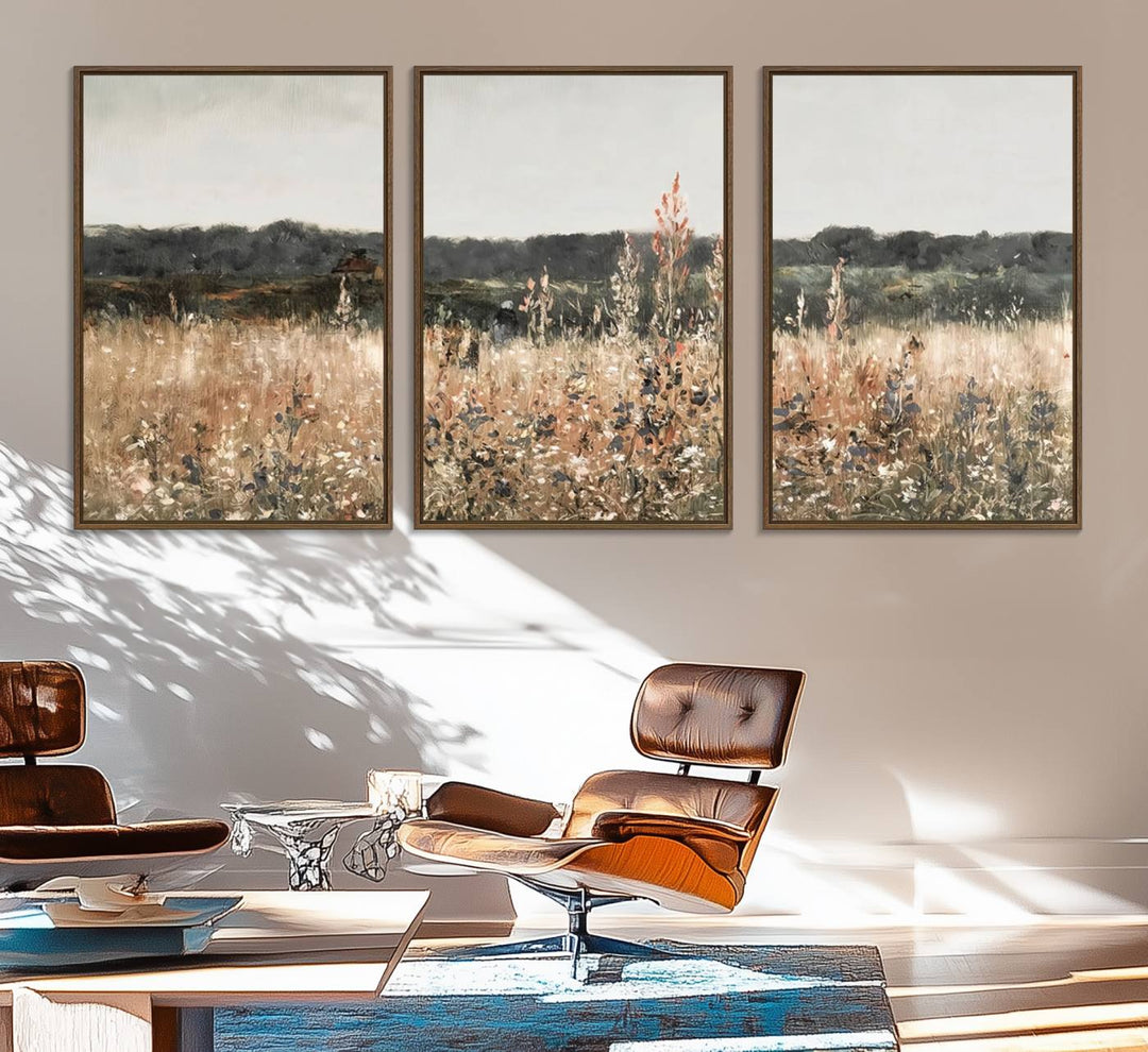 A dining room featuring the Abstract Wildflower Art Field Landscape Oil Painting Print.