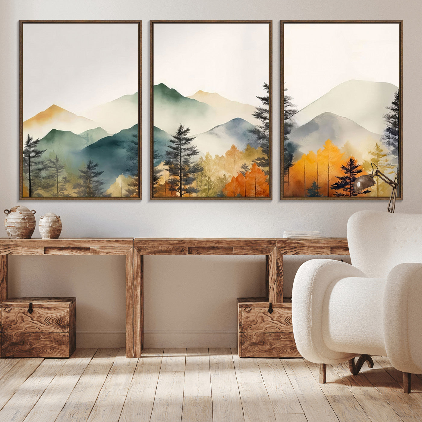 -Abstract Watercolor Mountains and Trees Autumn Wall Art, Mountains and Trees Autumn Wall Art Canvas