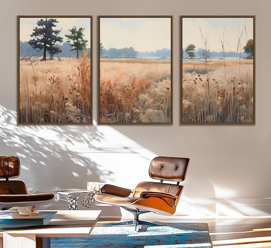 The Golden Fields Canvas Art Print, depicting a serene landscape, adds tranquility with its presence.