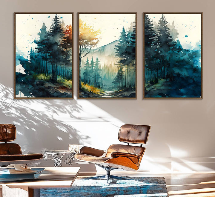 The Watercolor Trees Forest Abstract canvas print is displayed prominently.