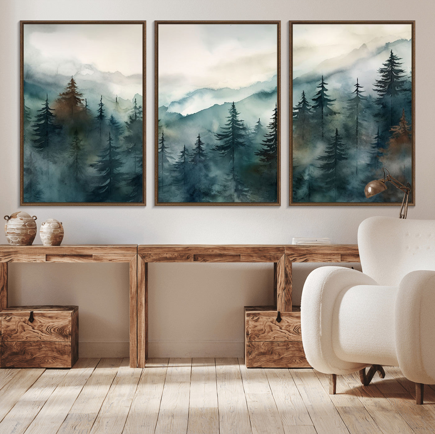 MGV-FC-60X30-3P - Serenity Forest Wall Art Canvas | Foggy Mountain Landscape Canvas Print for Living Room or Office | Nature-Inspired Woodland Decor