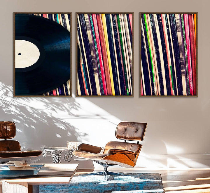 The Vinyl Record and Album Collection Canvas above the dining table enhances the modern kitchen, creating a perfect aesthetic for vintage vinyl lovers.