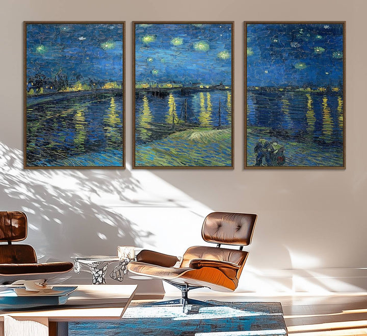 A Vincent van Gogh Starry Night over the Rhone canvas print is displayed on a porch.