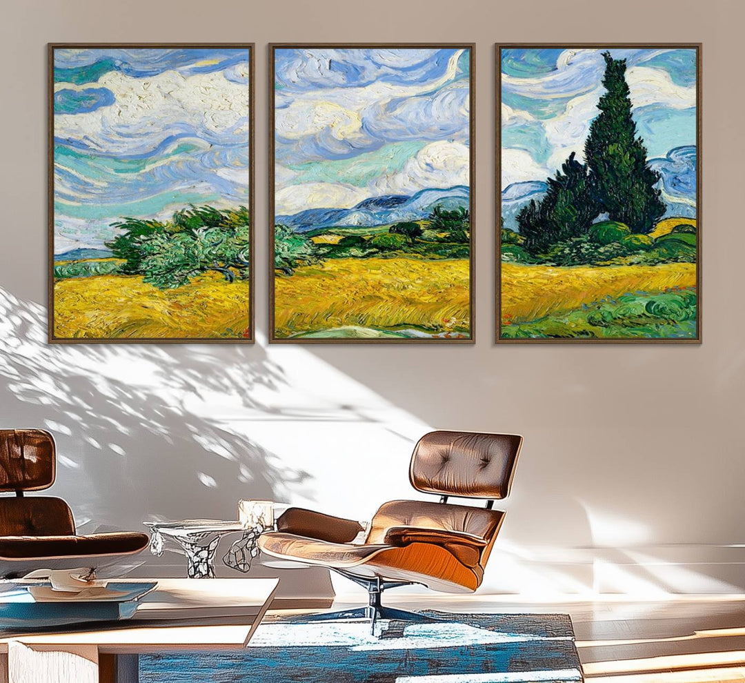 A kitchen featuring Wheatfield With Cypresses Van Gogh canvas wall art.