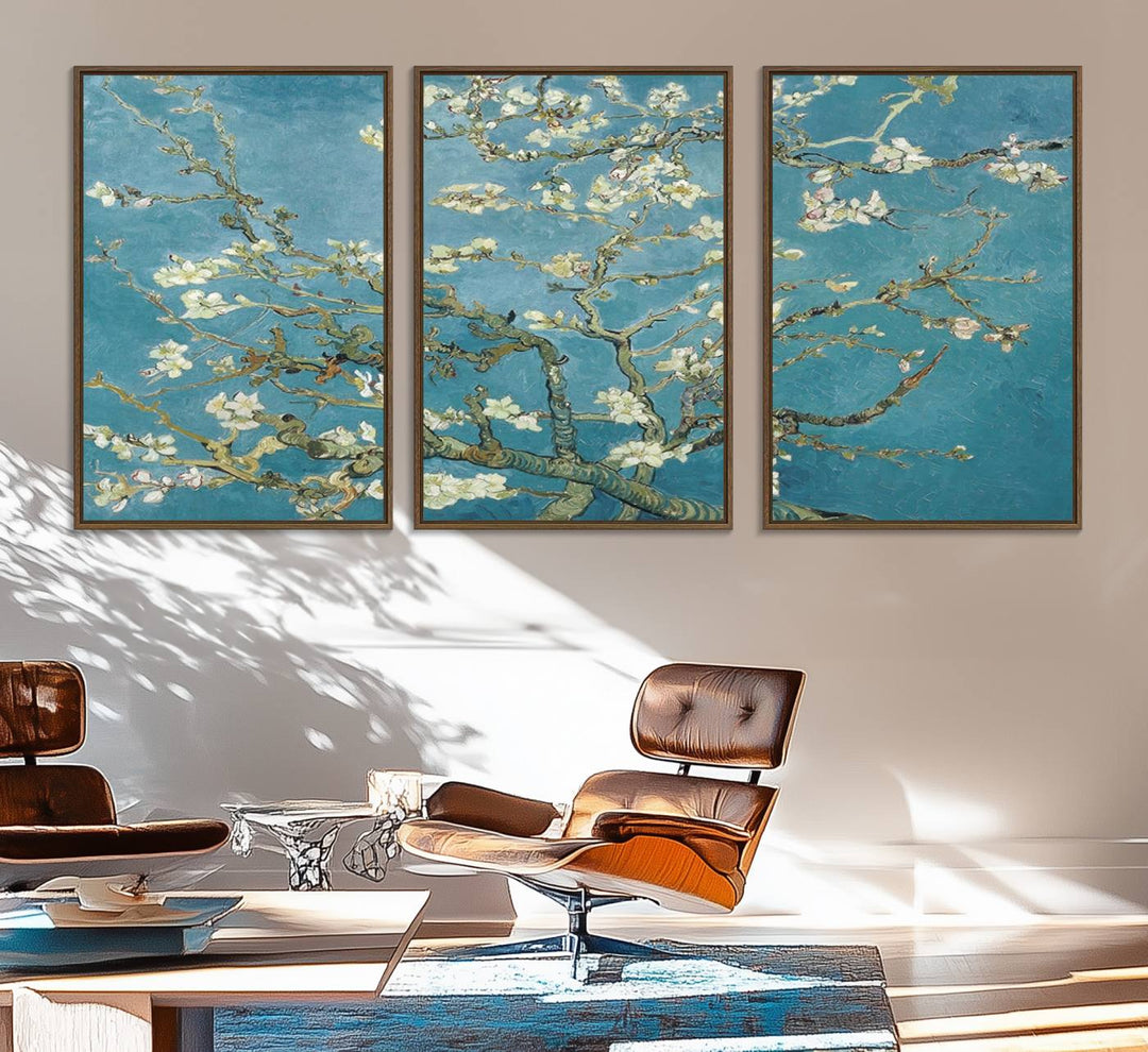 The wall art, Vincent Van Goghs Almond Blossom, stands out with its vibrant depiction against a serene blue background.