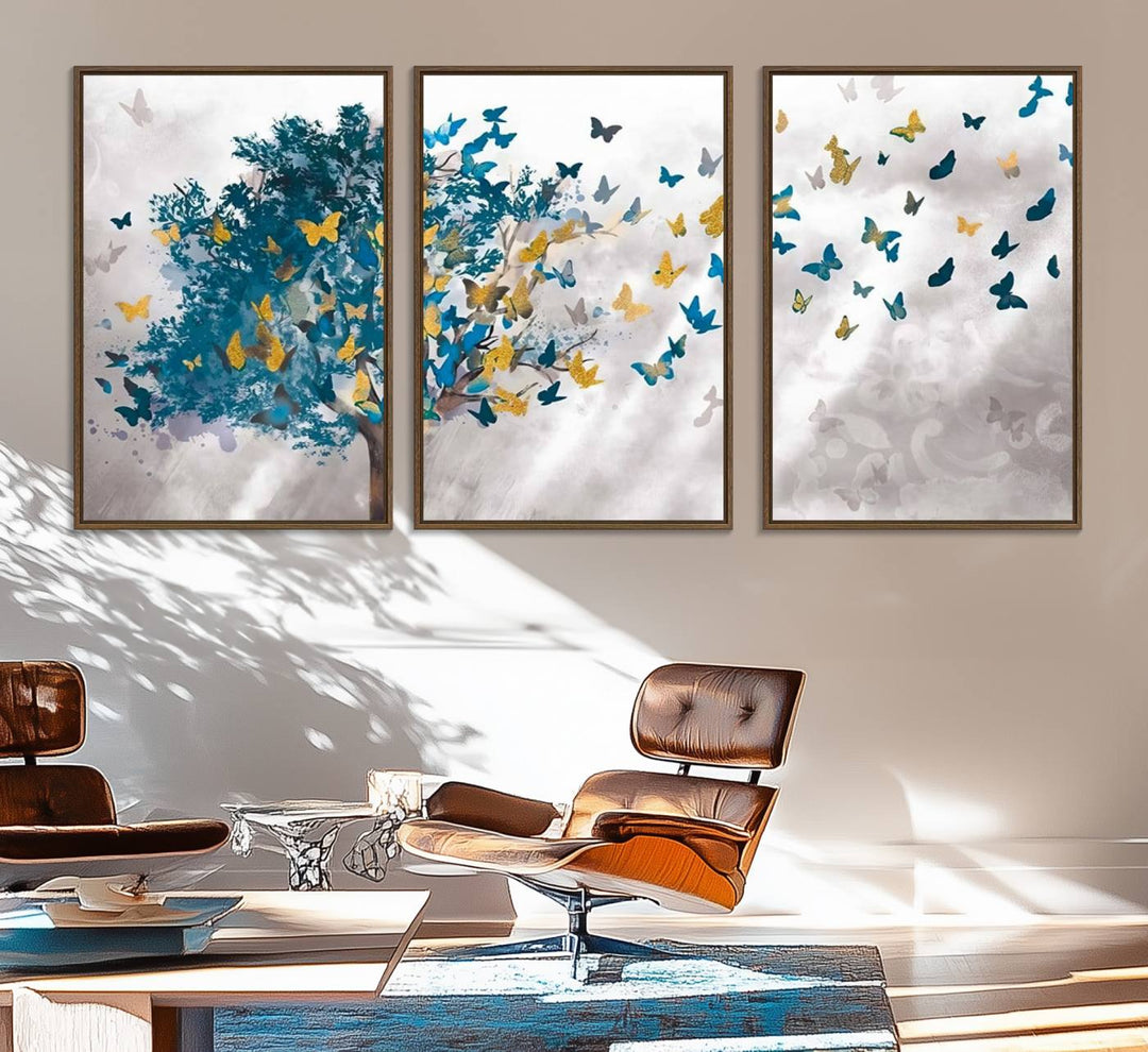 The modern dining room features Tree Butterfly Abstract Wall Art, adding a touch of nature-inspired decor.