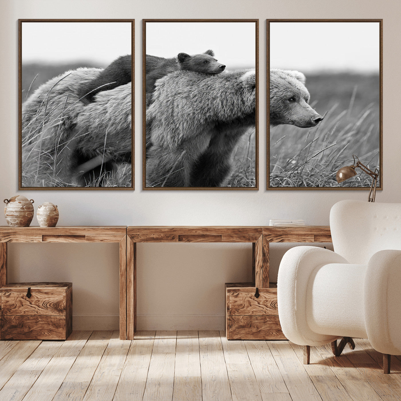 MGV-FC-60X30-3P - Bear and Cub Wall Art Canvas | 399 Bear Cub Wildlife-Inspired Animal Art for Living Room or Office | Grizzly Bear Print of Photography