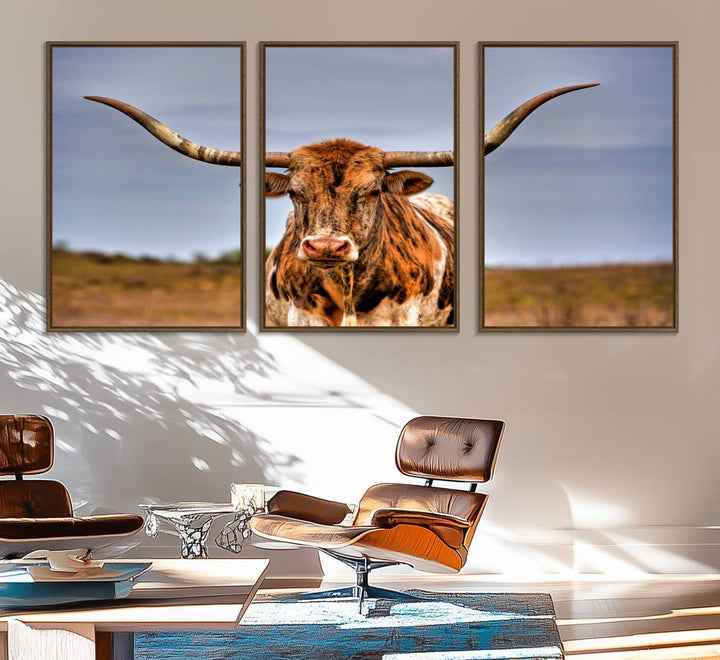 The Texas Longhorn Wall Art Print is displayed in a stylish living room.