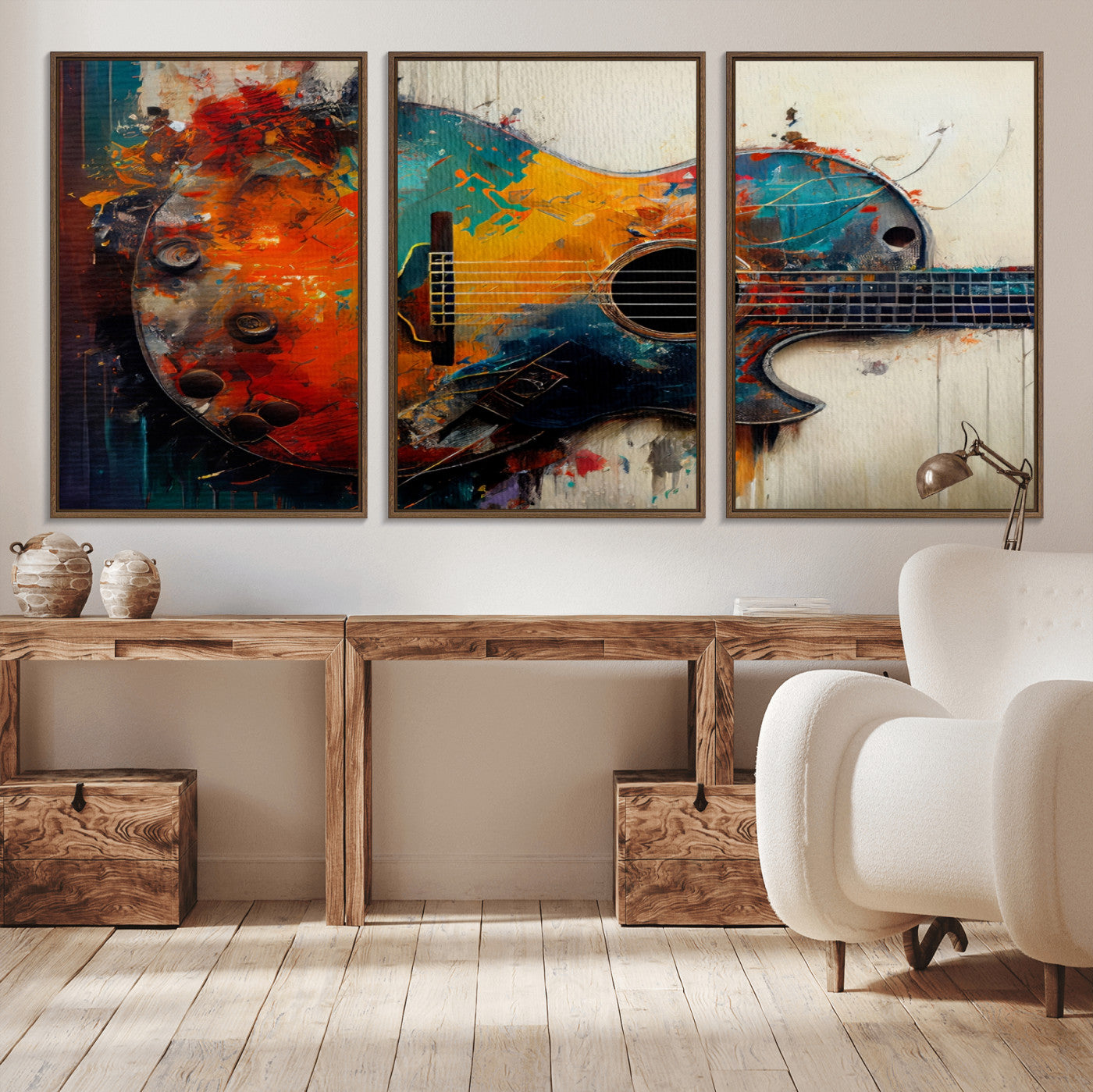 89330-MGV-FC-60X30-3P_Walnut-Abstract Guitar Wall Art Canvas | Vibrant Music-Inspired Art for Living Room or Studio | Colorful