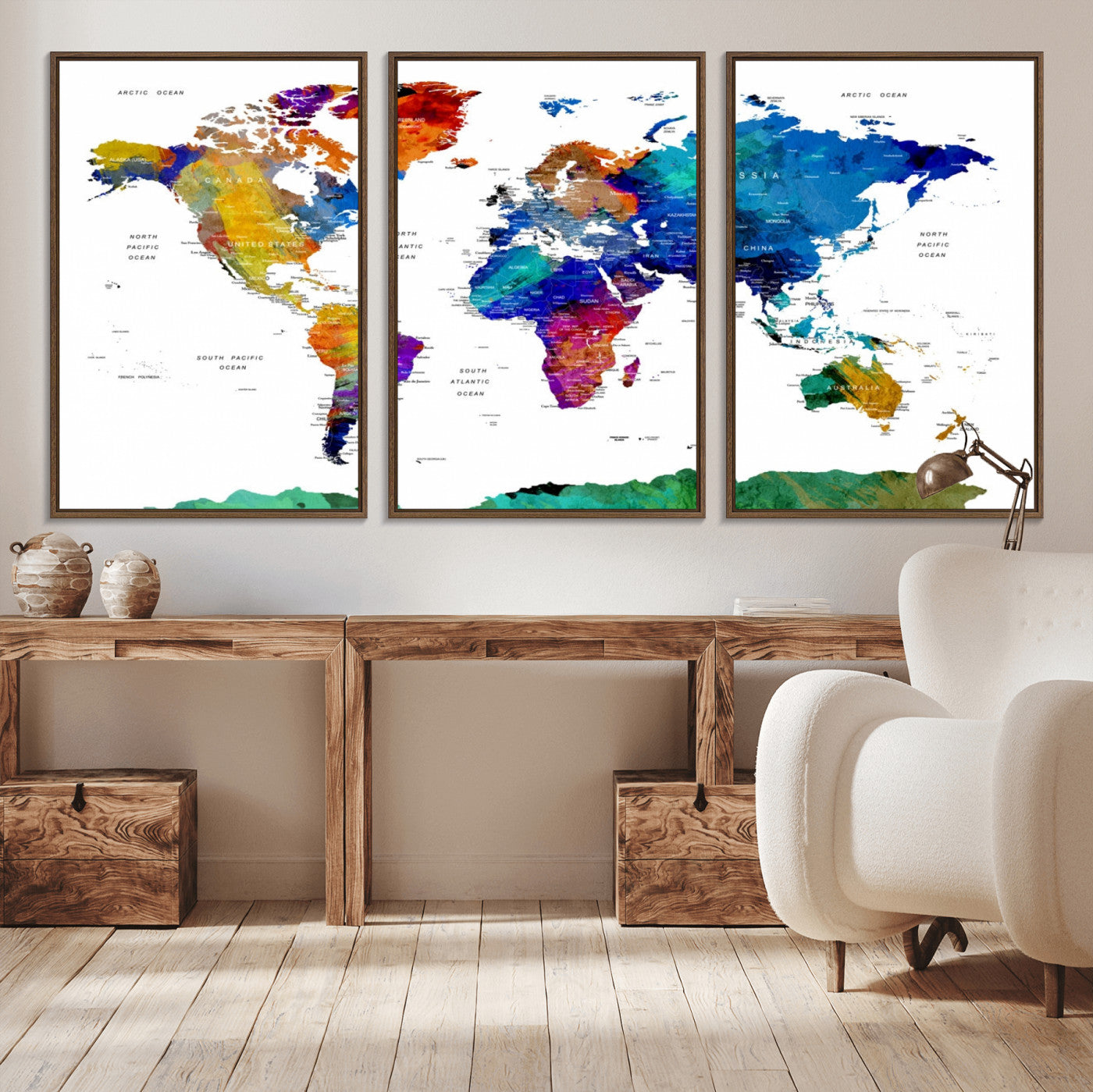 48979-MGV-CV-36X24-Colorful Watercolor World Map Canvas Print – Vibrant Framed Travel Map Wall Art, Modern Decor for Living Room or Office