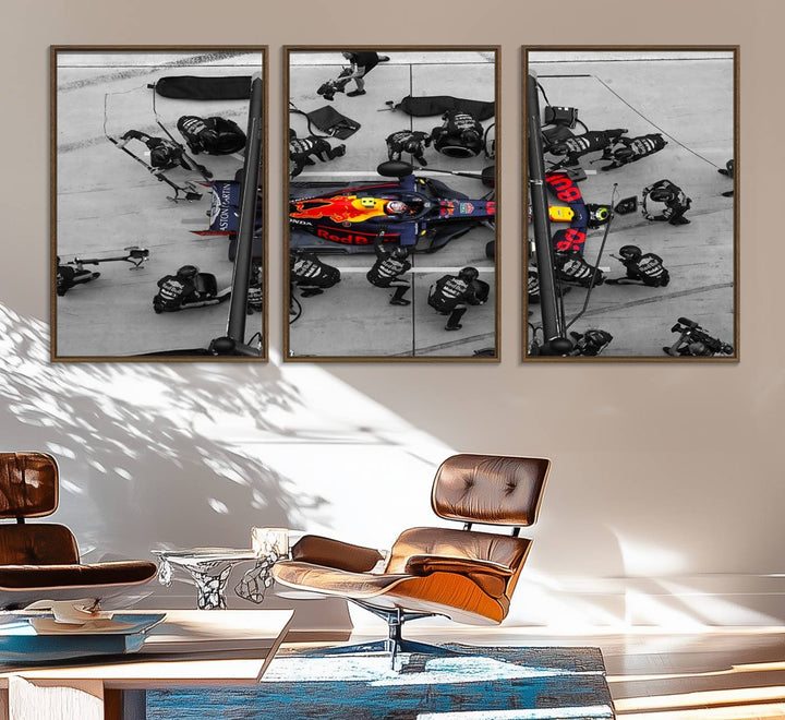 Red Bull Formula 1 Canvas Wall Art Print: An aerial view of a Formula 1 pit stop featuring a Red Bull car on premium canvas.