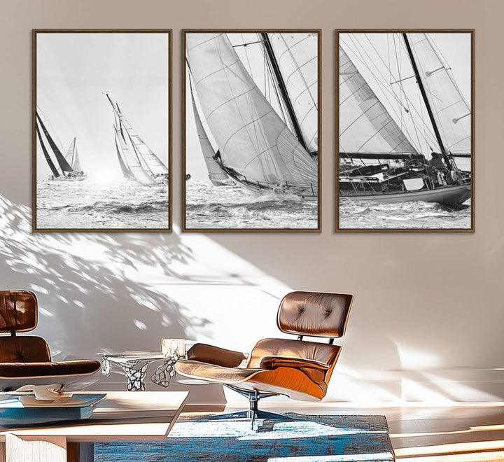 Yacht Sailboat Regatta canvas print on a textured wooden wall.