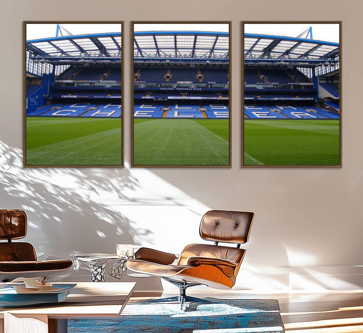 The wall art features a Chelsea FC Stamford Bridge Stadium canvas print.