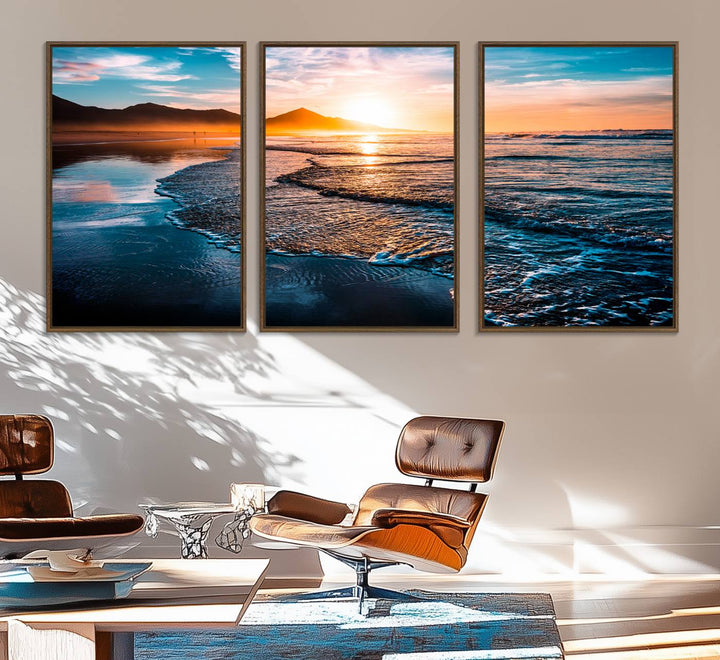 The Sunset Beach Ocean Canvas Wall Art – Tranquil Reflections at Dusk enhances the ambiance with its captivating depiction of serene ocean views at dusk.