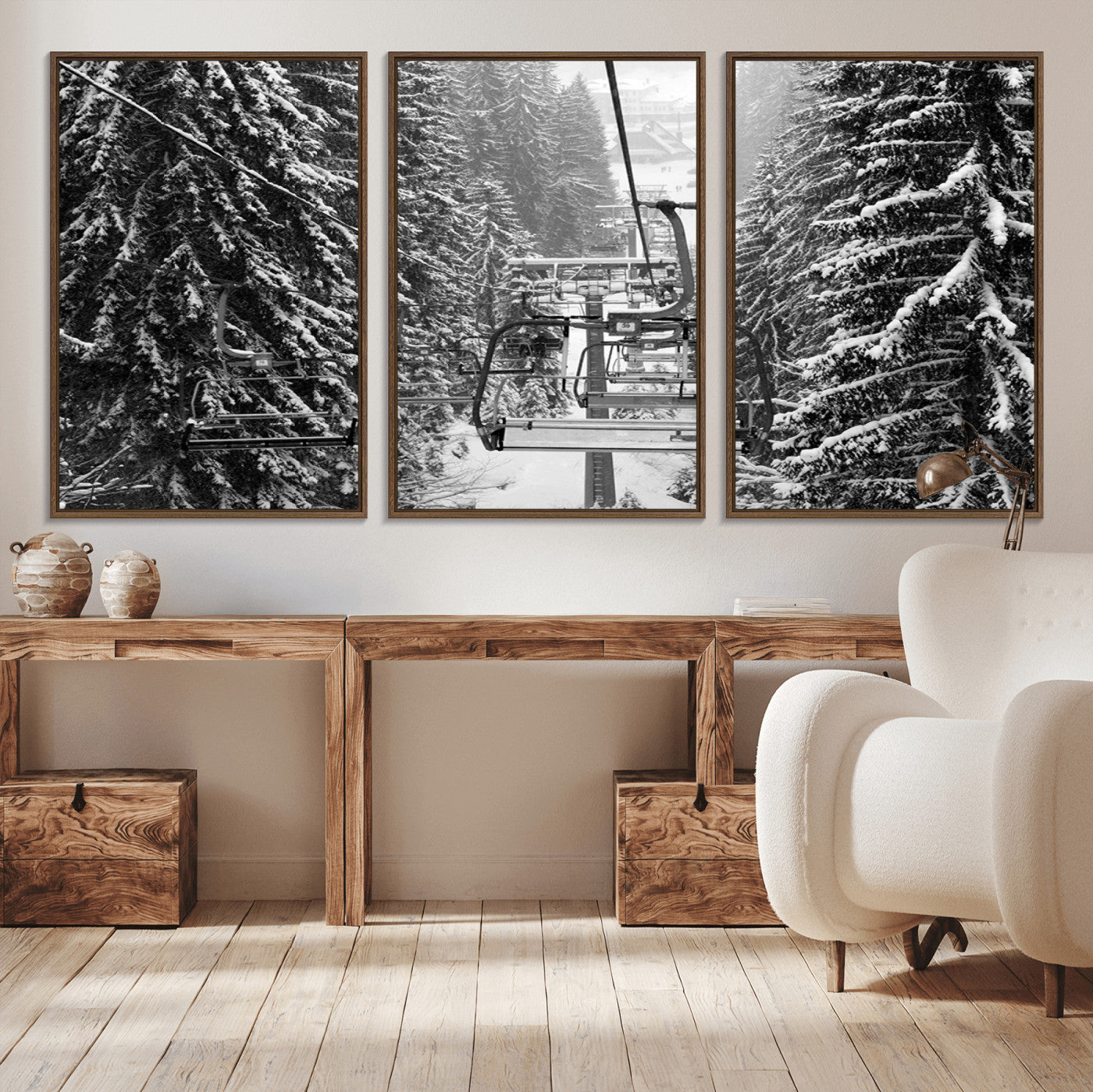19240-MGV-CV-36X24-Winter Ski Lift Black and White Canvas Wall Art – Alpine Escape in Minimalist Style – Winter Ski