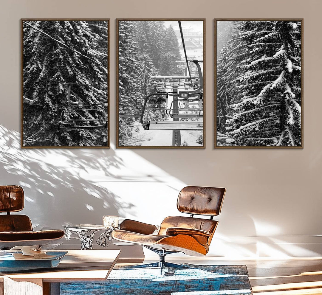 The Winter Ski Lift Canvas in minimalist style adds a unique touch to the dining room.