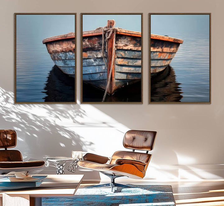 Stunning vintage boat canvas print featuring a calm water scene.