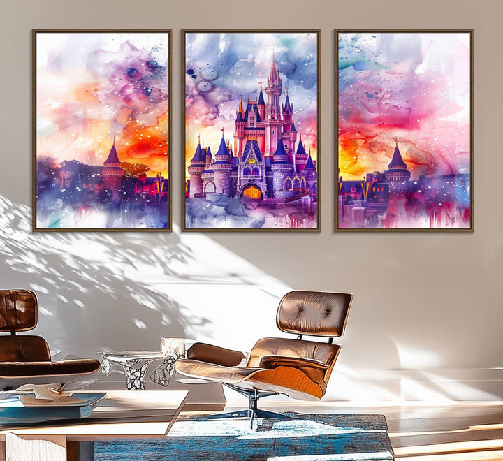 The watercolor Disney Wall Art showcases Cinderellas Castle in pink, purple, and orange hues.