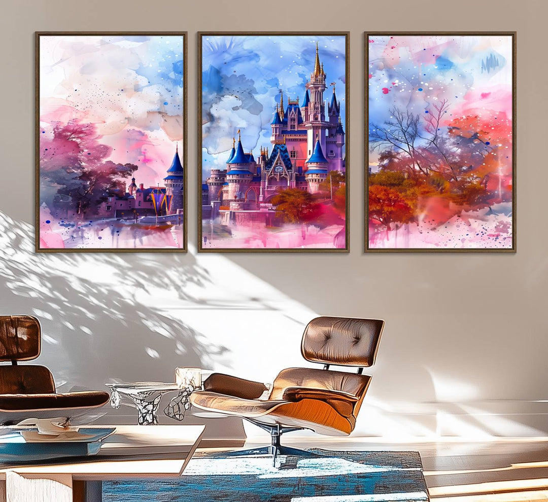 A Disney Wall Art: Dreamy Watercolor Cinderella Castle Canvas Print hangs prominently.