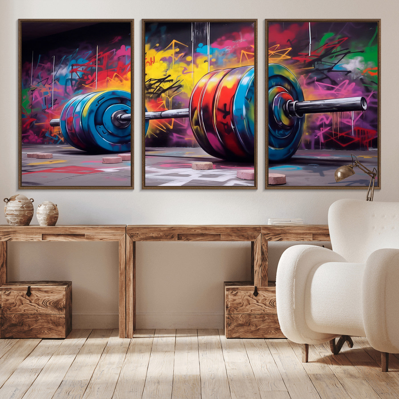 MGV-FC-60X30-3P - Abstract Graffiti Barbell Canvas Wall Art – Urban Fitness Meets Bold Street Art Print - Gym Wall Art