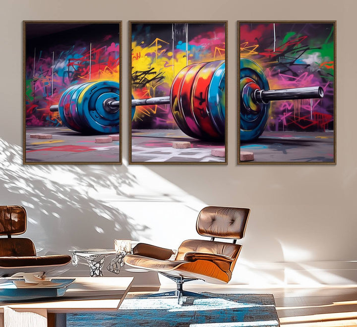 The Abstract Graffiti Barbell Canvas Wall Art is displayed on a porch.