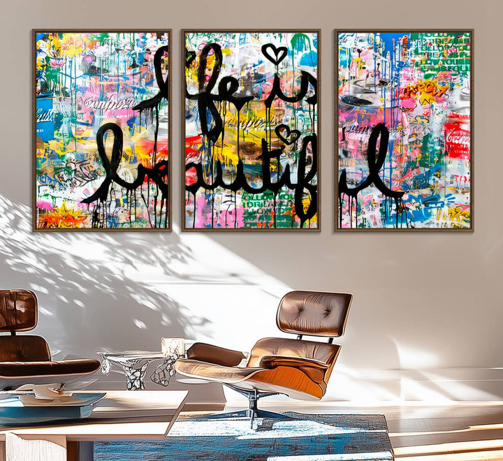 The Life Beautiful graffiti style canvas print is showcased in black script.