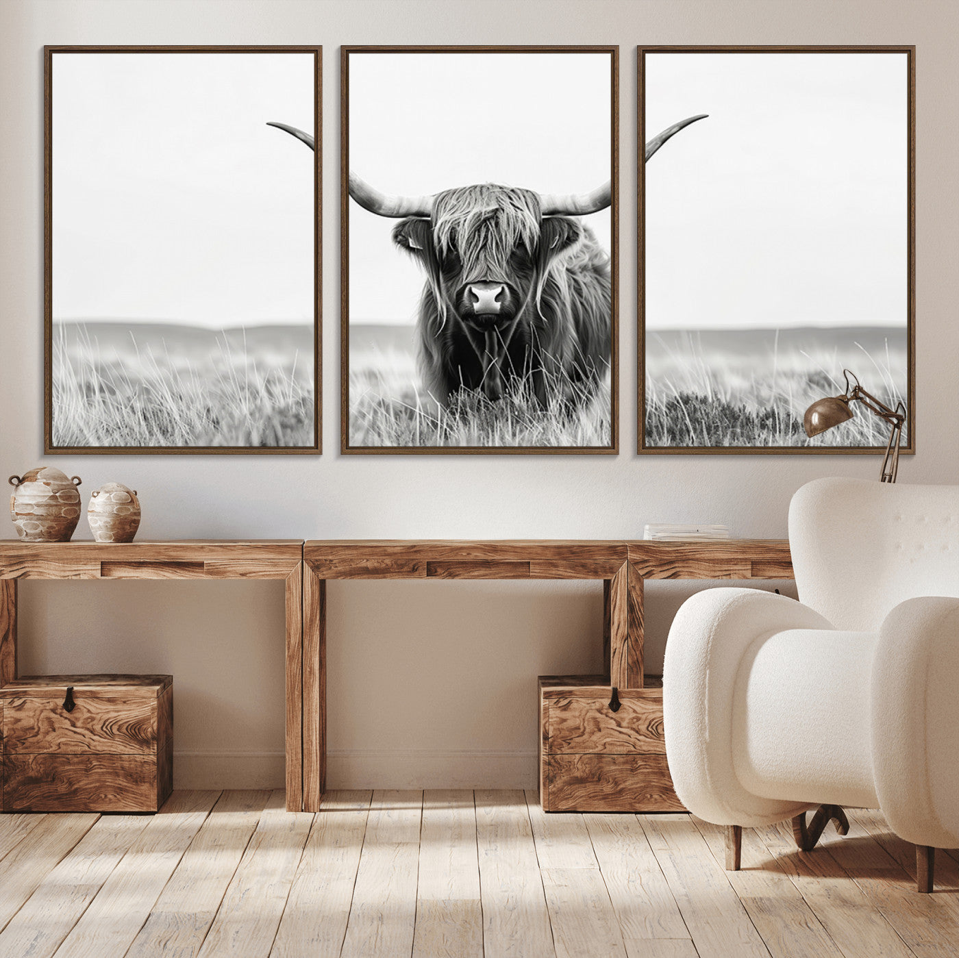 MGV-FC-60X30-3P - Highland Cow Canvas Wall Art – Majestic Beauty in Black and White