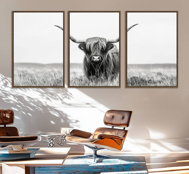 The Majestic Beauty canvas of a Highland cow adds elegance to the white walls as it hangs prominently.