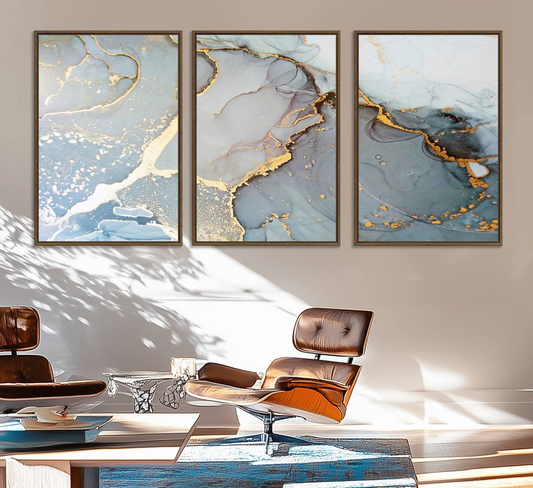 A blue and gold marbled Large Abstract Marble Wall Art Canvas Print hangs overhead.