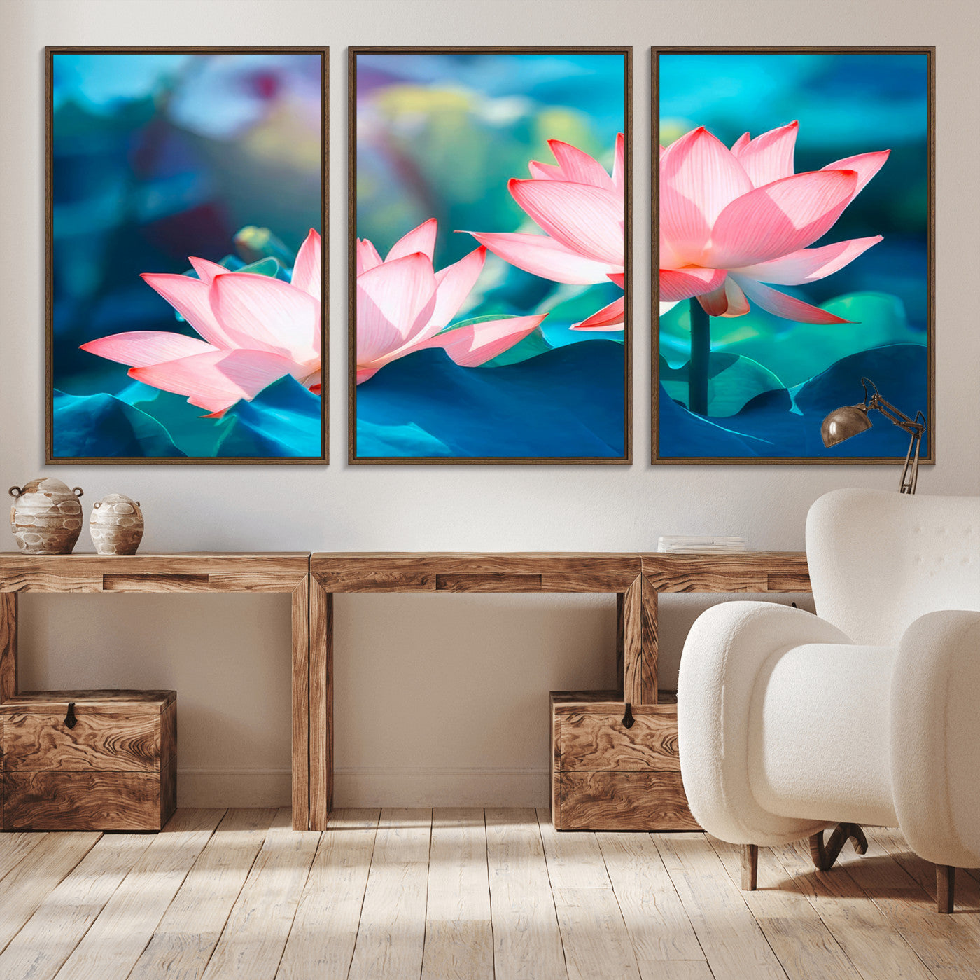 MGV-FC-60X30-3P - Pink Lotus Flower Canvas Wall Art | Vibrant Floral Wall Decor for Living Room, Office, or Bedroom | Large Botanical Art