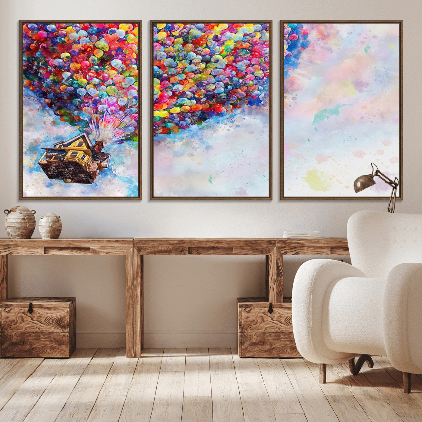 MGV-FC-60X30-3P - Don't Look Up Movie Canvas Wall Art - Vibrant Floating House and Balloons Scene, Tribute to Iconic