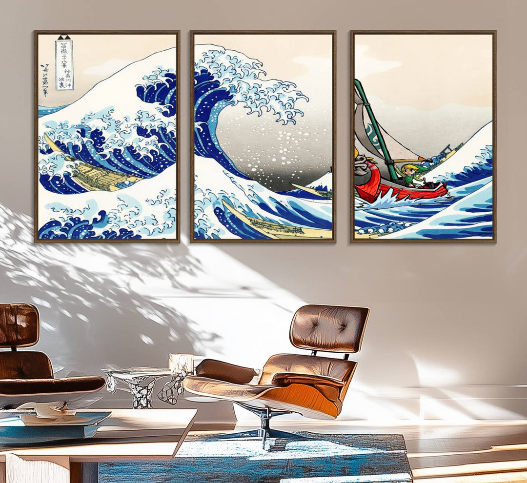 The Katsushika Hokusai Kanagawa Giant Wave Canvas print captures a vibrant sailing scene.