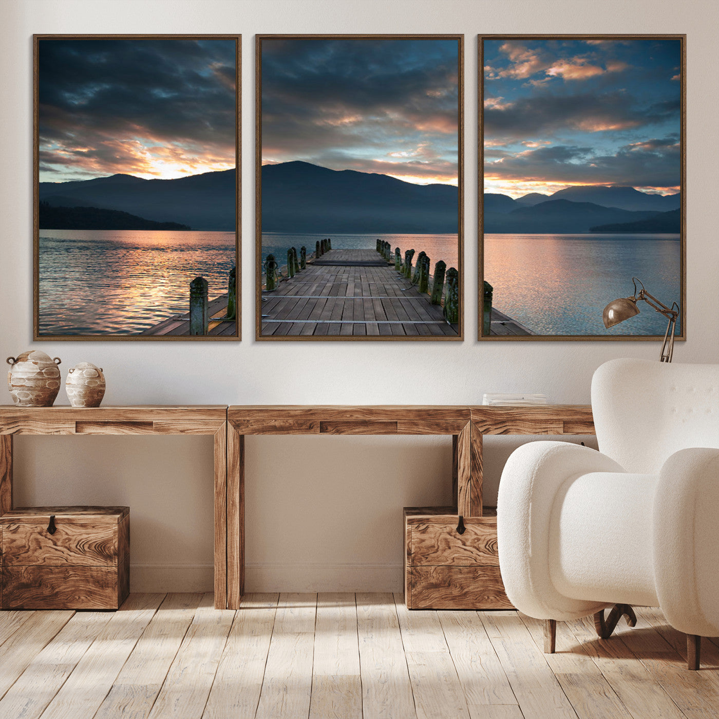 MGV-FC-60X30-3P - Mountain Lake Wood Pier Canvas Wall Art Nature Lake Print