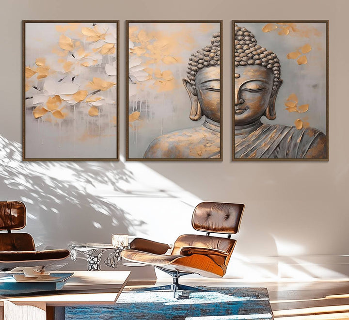 The serene dining room features Abstract Buddha Statue Wall Art.