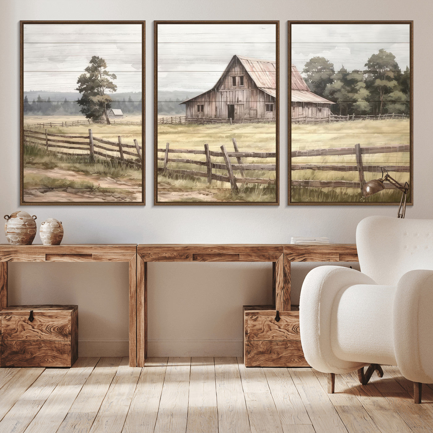 87489-MGV-CV-36X24-Rustic Farmhouse Barn Wall Art | 3-Panel Framed Gallery Wrap Giclee Canvas Print for Living Room,