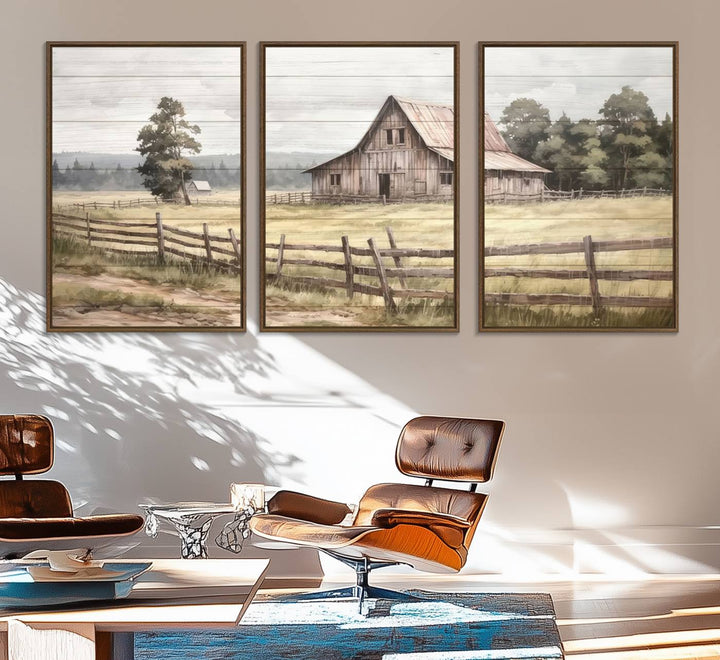 The wall is adorned with a Rustic Farmhouse Barn Wall Art.