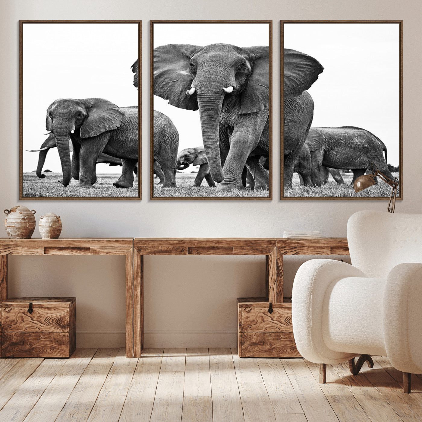 -Black White Elephant Family Wall Art Canvas Print