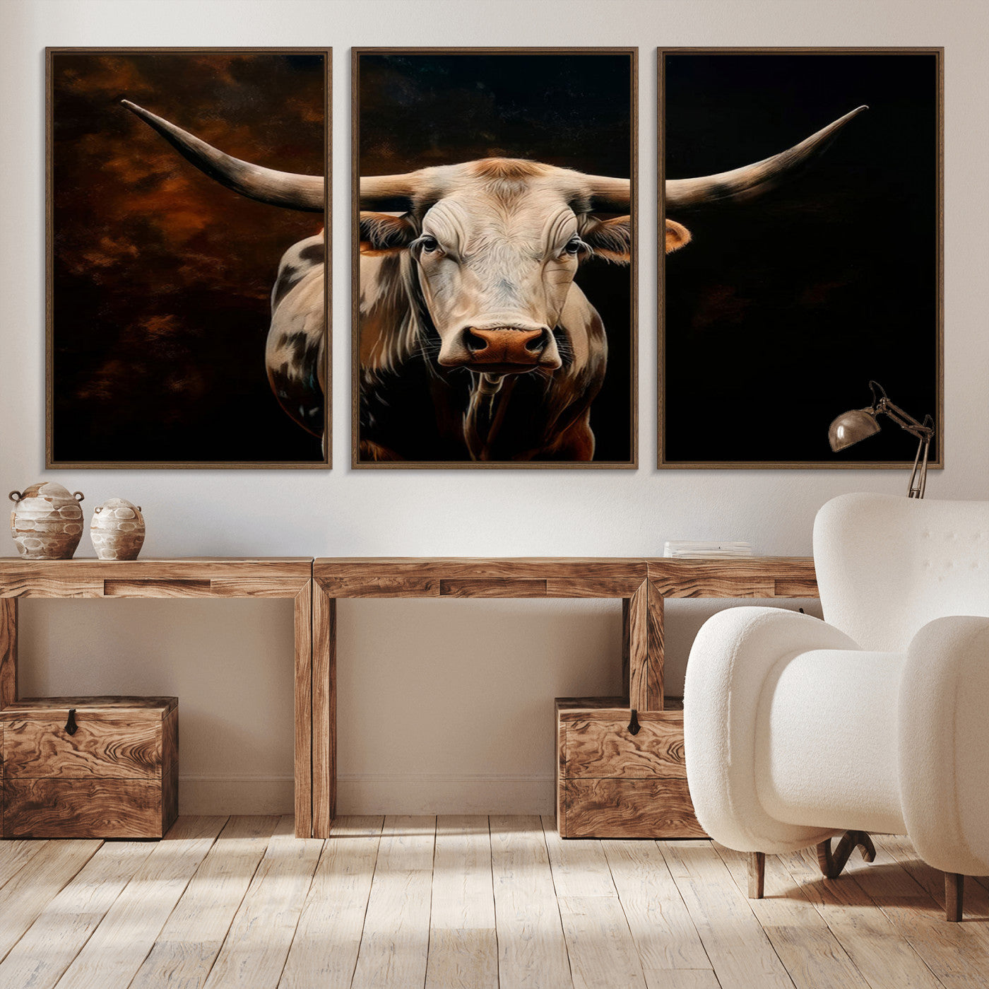 MGV-FC-60X30-3P - Texas Longhorn Wall Art | 3-Panel Large Texas Longhorn Canvas Print for Living Room, Office, or Farmhouse Decor | Framed Giclee Longhorn Wall Art