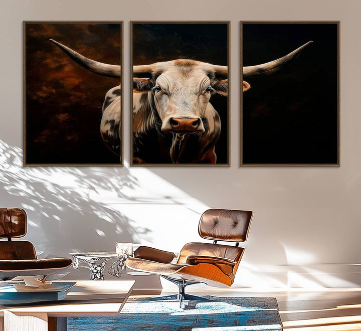 A large 3-panel Texas Longhorn canvas print dominates the space.