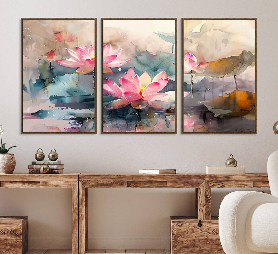 A pink lotus wall art adorns the space.