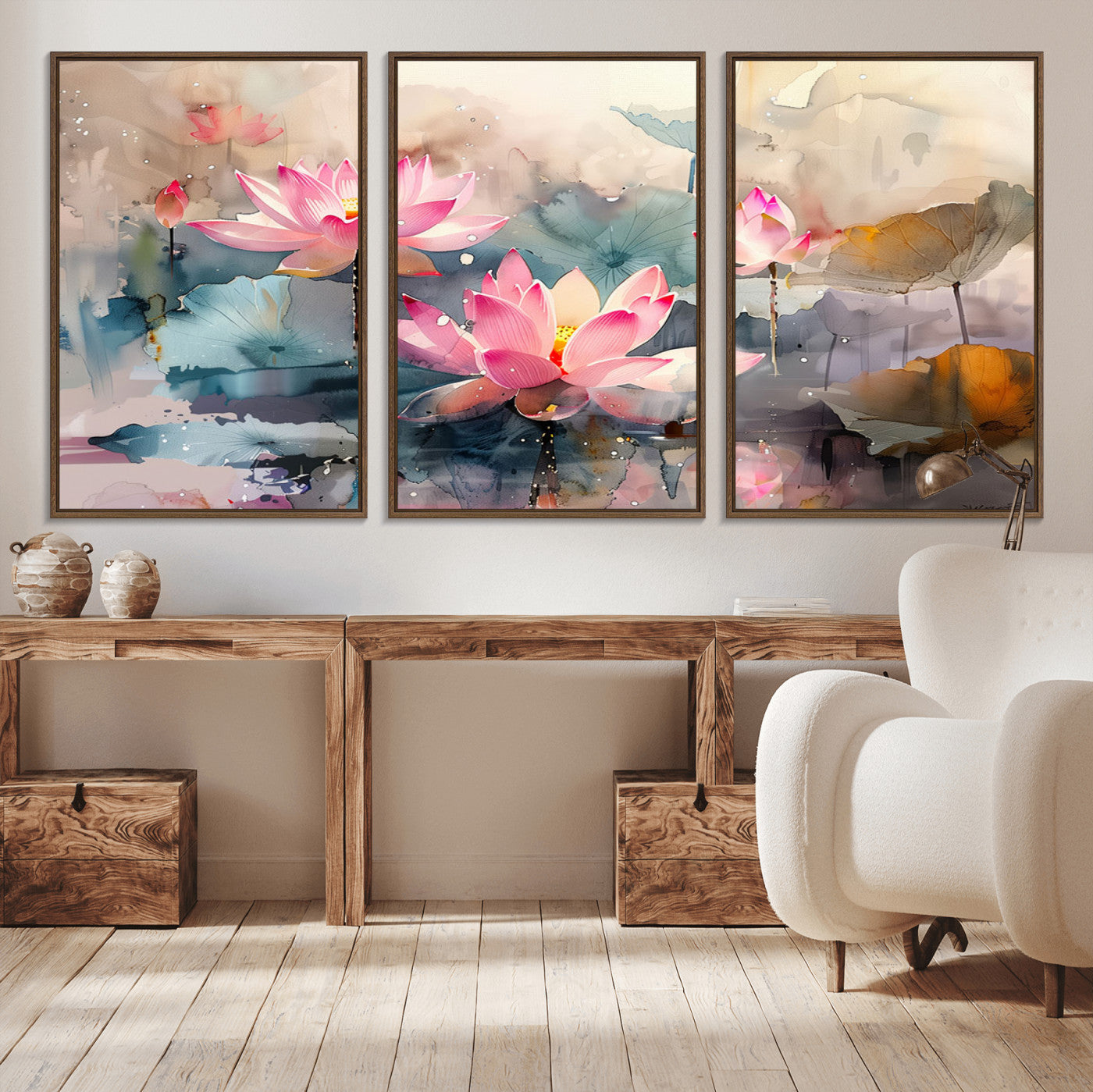 MGV-FC-60X30-3P - Lotus Flower Wall Art | 3-Panel Giclee Canvas Print of Pink Lotus Blossoms for Living Room, Bedroom, Office | Framed Lotus Floral Wall Art Decor Print