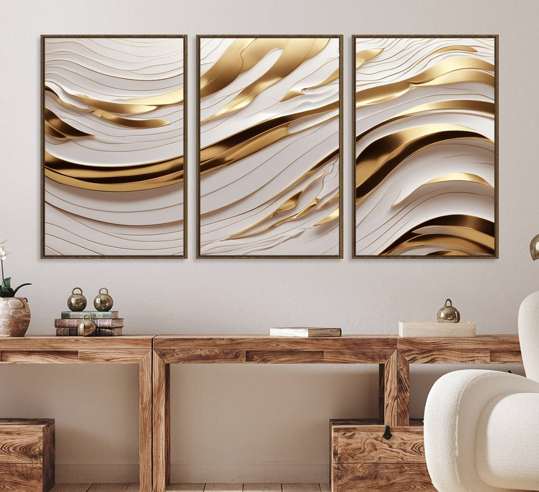 A Gold and White Abstract Wave Canvas with luxurious golden accents.